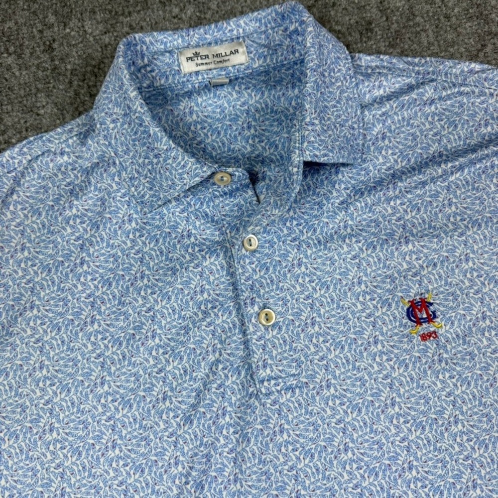 Peter Millar Summer Comfort Polo Mens Small Blue Feather Print Golf Stretch Flaw